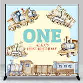 Lofaris Retro Wood Train Custom Name One Birthday Backdrop